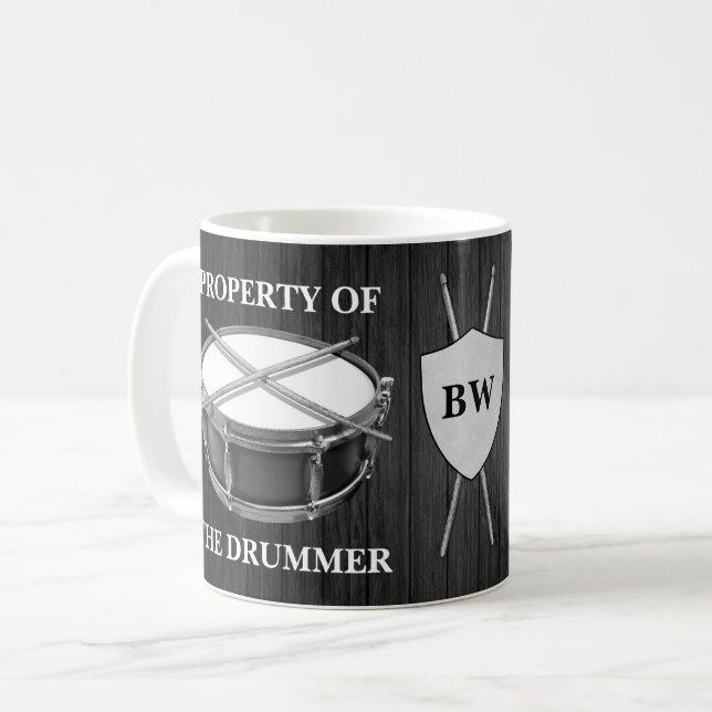 Monogram Drummer Mug Snare Drum Drumsticks Music (Front Left)