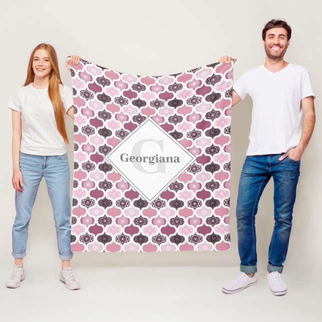 Monogram Dusky Rose Dot Mandalas Ogee Patchwork Fleece Blanket (In Situ)