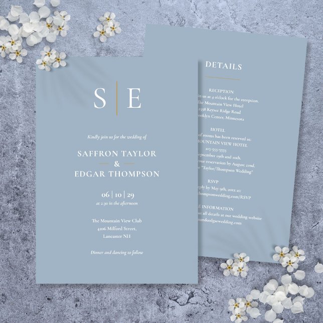 Monogram Dusty Blue All In One Wedding Invitation (Monogram Dusty Blue All In One Wedding Invitation)