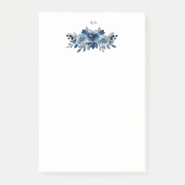 Monogram Dusty Blue and Navy Floral Post-it Notes (Front)