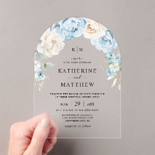 Monogram Dusty Blue Champagne Ivory Floral Wedding Acrylic Invitations