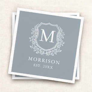 Monogram Dusty Blue Crest Botanical Wedding  Napkin