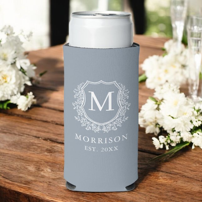 Monogram Dusty Blue Crest Botanical Wedding  Seltzer Can Cooler (Creator Uploaded)