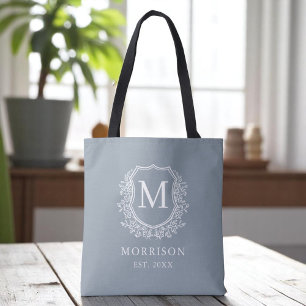 Monogram Dusty Blue Crest Botanical Wedding  Tote Bag