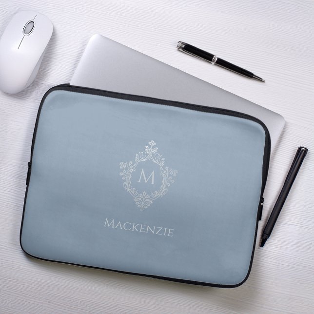 Monogram Dusty Blue Elegant Crest Faux Silver Name Laptop Sleeve (Creator Uploaded)