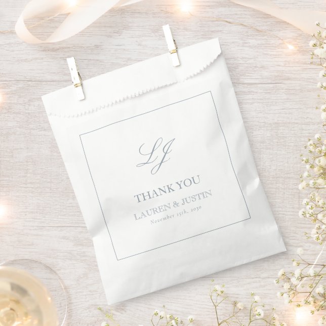 Monogram Dusty Blue Elegant Thank You Wedding Favour Bags (Clipped)