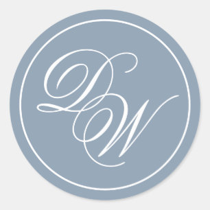 Monogram Dusty Blue Elegant White Script Initials Classic Round Sticker