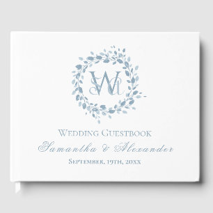 Monogram Dusty Blue Floral Wreath Wedding Guest Book