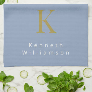 Monogram Dusty Blue Gold White Modern Minimal Men Tea Towel