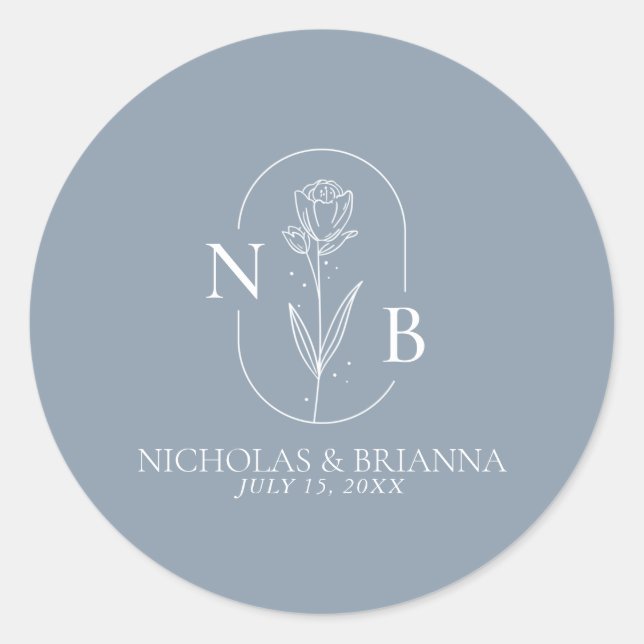 Monogram Dusty Blue Minimalist Modern Wedding Classic Round Sticker (Front)