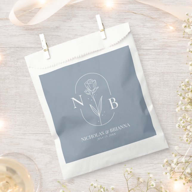 Monogram Dusty Blue Minimalist Modern Wedding Favour Bags (Clipped)