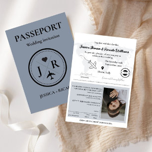 Monogram Dusty Blue passport Destination wedding Invitation