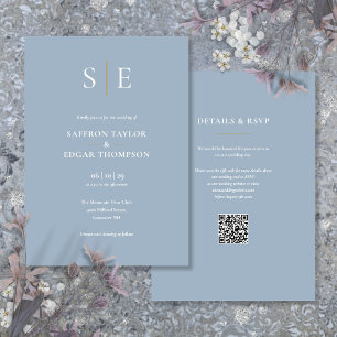 Monogram Dusty Blue QR Code Wedding Invitation
