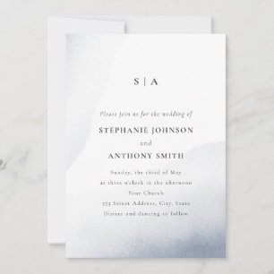 Monogram Dusty Blue Watercolor Wash Wedding  Invitation
