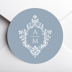 Monogram Dusty Blue Wedding Crest White Initials Classic Round Sticker