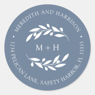 Monogram Dusty Blue Wedding Return Address Classic Round Sticker