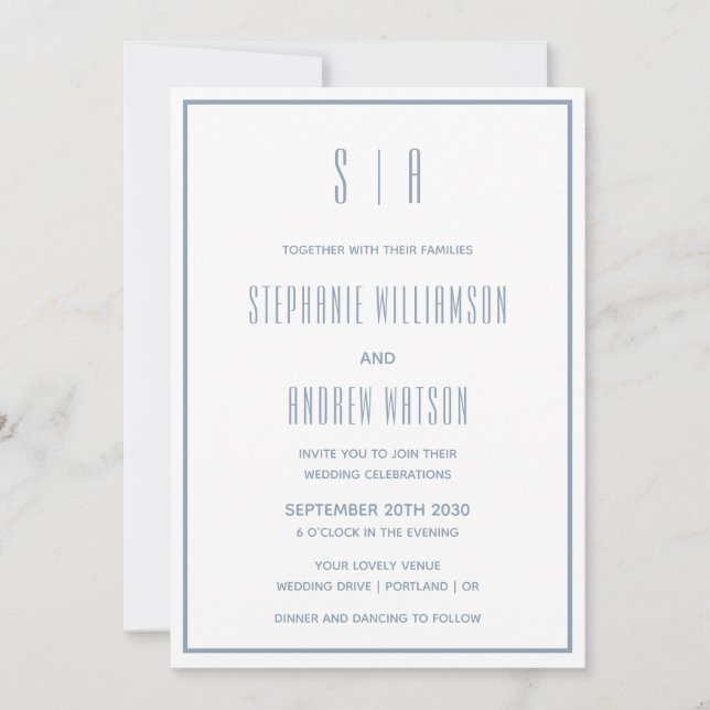  Monogram Dusty Blue & White Modern Simple Wedding (Front)