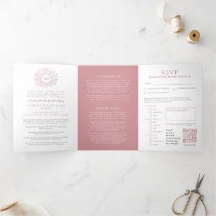 Monogram dusty rose leaves wedding all-in-one Tri-Fold invitation