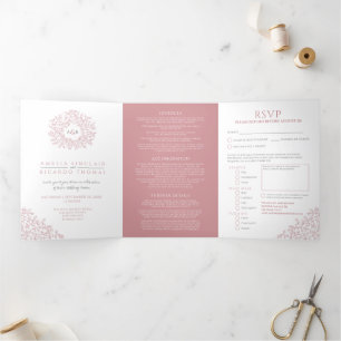 Monogram dusty rose leaves wedding all-in-one Tri-Fold invitation
