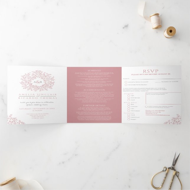 Monogram dusty rose leaves wedding all-in-one Tri-Fold invitation (Inside)