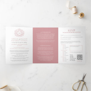 Monogram dusty rose leaves wedding all-in-one Tri- Tri-Fold Invitation