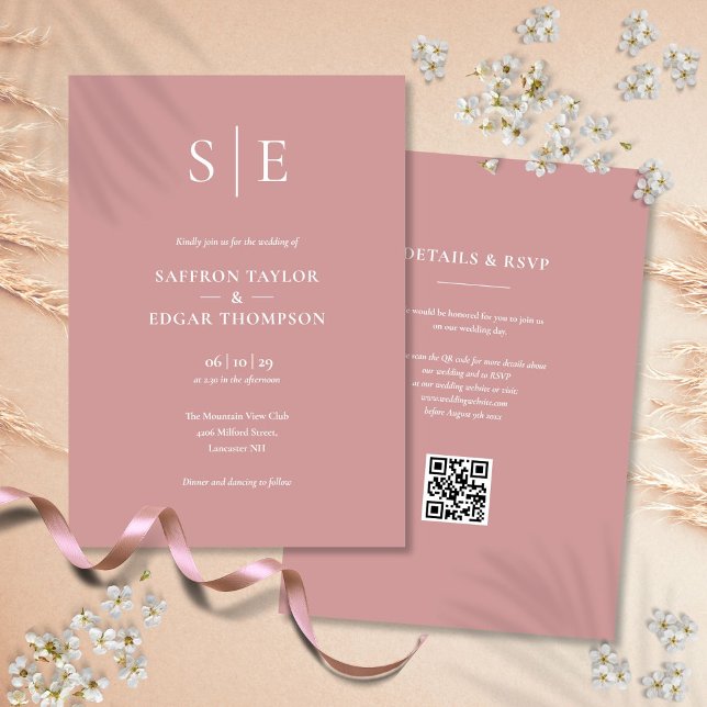 Monogram Dusty Rose QR Code Wedding Invitation (Monogram Dusty Rose QR Code Wedding Invitation)