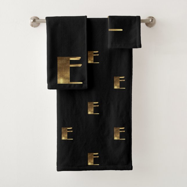 Monogram E Black and Gold Look Elegant Typography Bath Towel Set (Insitu)