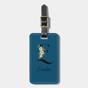 Monogram E cobalt watercolor flower Luggage Tag