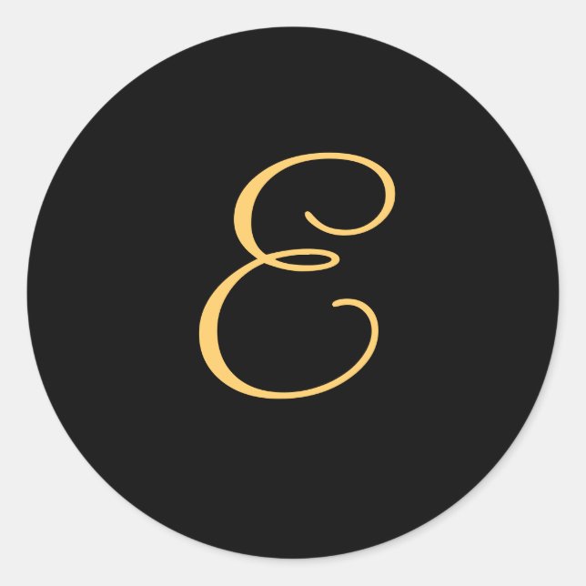 Monogram E,  gold coloured initial E on black, Classic Round Sticker (Front)