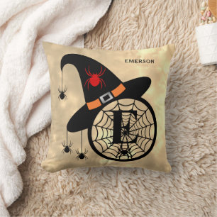 Monogram E Halloween Sky Witch Spiders Name Cushion