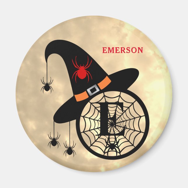Monogram E Halloween Sky Witch Spiders Name Magnet (Front)