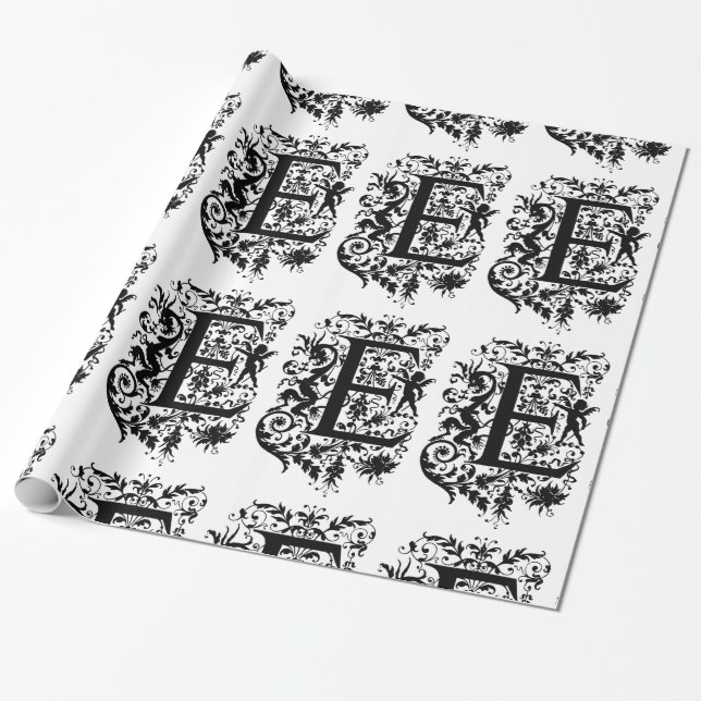 Monogram E Initial Black and White Cupid Pattern Wrapping Paper (Unrolled)