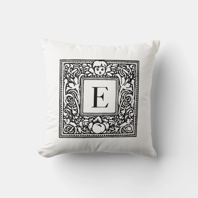 Monogram E Initial Black and White Floral Pattern Cushion (Front)