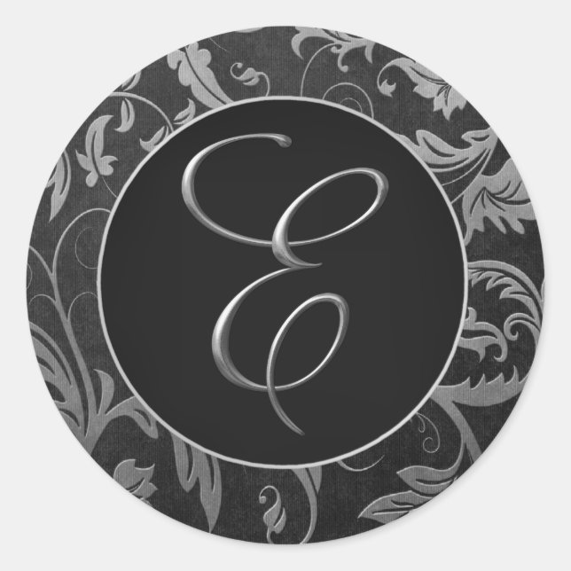 Monogram E Silver and Black Damask Wedding Seal (Front)