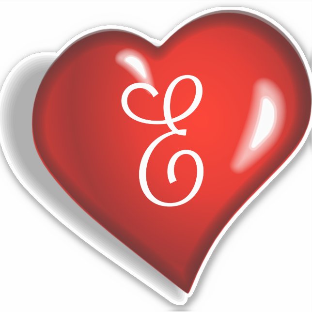 Monogram E white script on ruby red heart (Front)