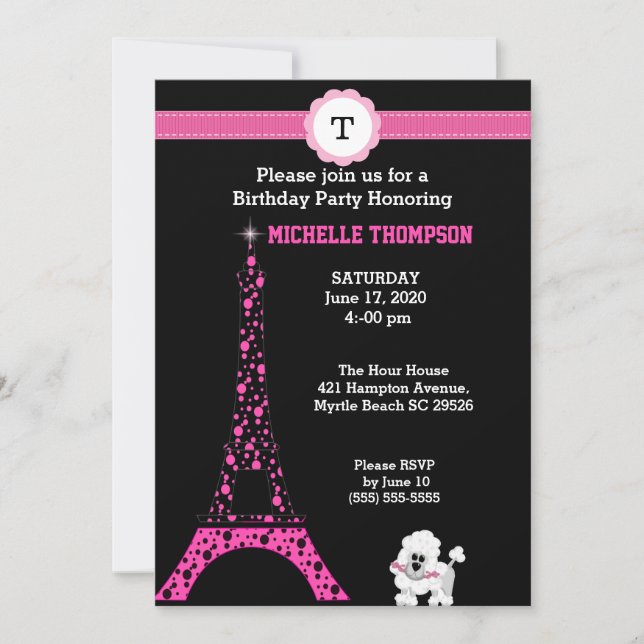 Monogram Eiffel Tower  Birthday Invitation (Front)