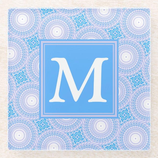 Monogram Electric blue circles pattern Glass Coaster (Front)