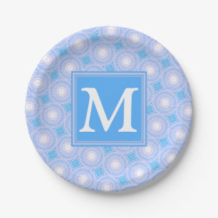 Monogram Electric blue circles pattern Paper Plate
