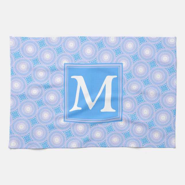 Monogram Electric blue circles pattern Tea Towel (Horizontal)