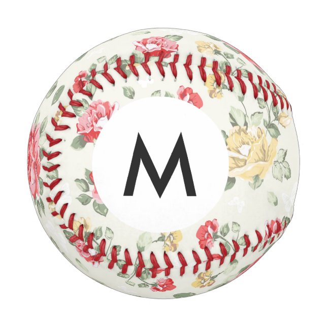 Monogram Elegance wallpaper pattern of pink roses Baseball (Front Left)