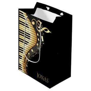 Monogram Elegant Black And Gold Music Notes Design Medium Gift Bag