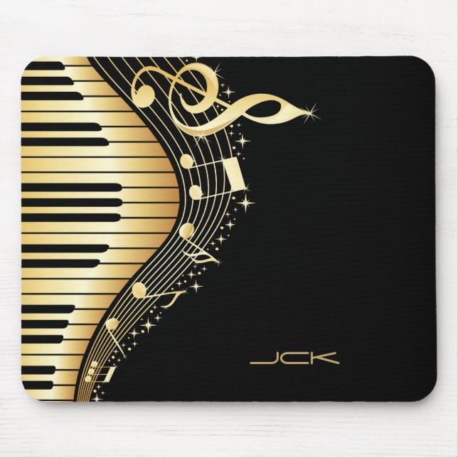 Monogram Elegant Black And Gold Music Notes Design Mouse Mat (Front)