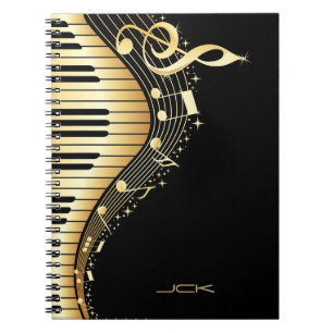 Monogram Elegant Black And Gold Music Notes Design Notebook