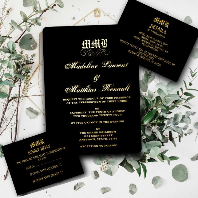 Monogram Elegant Black and Gold RSVP Enclosure Card (Creator Uploaded)