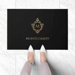 Monogram Elegant Black Faux Gold Crest Family Name Doormat