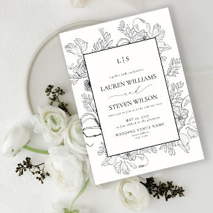 Monogram Elegant Black Floral Line Art Wedding Invitation