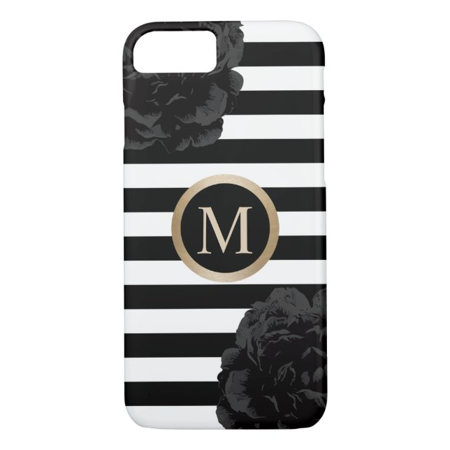 Monogram Elegant Black Floral Modern Stripes Case-Mate iPhone Case (Back)