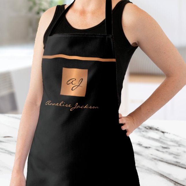 Monogram elegant black gold name script  apron (Creator Uploaded)