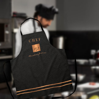 Monogram elegant black gold name script chef apron