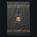 Monogram elegant black gold name script chef tea towel<br><div class="desc">Monogrammed stylish luxury exclusive kitchen restaurant master chef personalised towel featuring a faux gold copper metallic glitter square and lines over a stylish classy faux black leather (PRINTED TEXTURE) background.           Personalise it with title,  name and initials.</div>